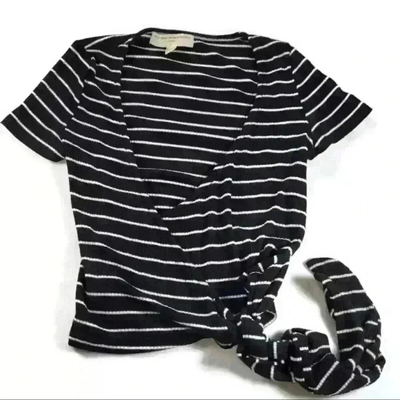 Project Social T Urban Outfitters Black White Striped Cap Sleeve Wrap Top Size S - Picture 10 of 11